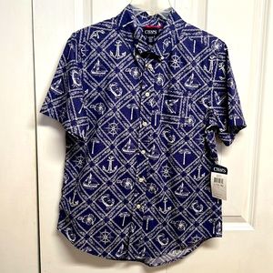 Chaps Charter Blue White Print Short Sleeve Pocket Shirt Child Size L NWT